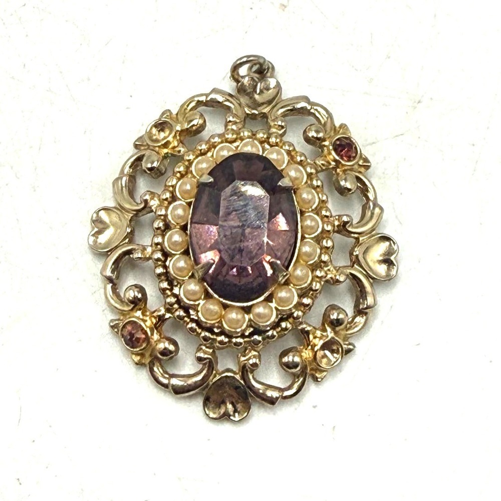 Vintage Gold Tone Purple Stone Faux Pearl Heart Filigree Oval Pendant